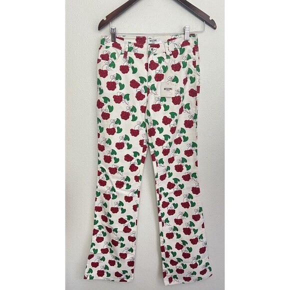 Moschino Pants - VTG 90s MOSCHINO White Flare Jeans Raspberry Leaf Print Red Green Y2K Cottage 26